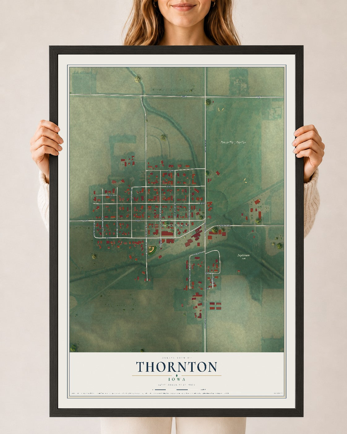 Map of Thornton, Iowa, 24 x 36 inch print in a black wood frame