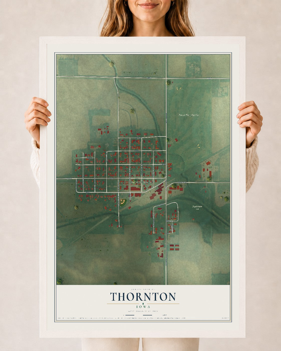 Map of Thornton, Iowa, 24 x 36 inch print in a white wood frame