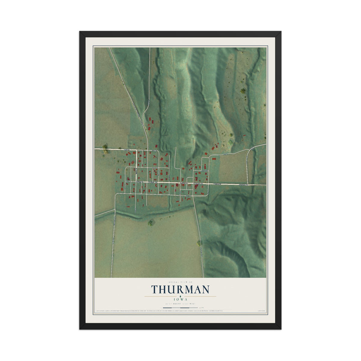 Map of Thurman, Iowa, 12 x 18 inch print in a black wood frame