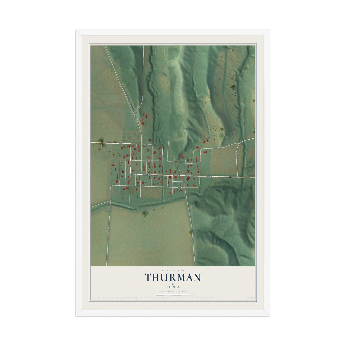 Map of Thurman, Iowa, 12 x 18 inch print in a white wood frame