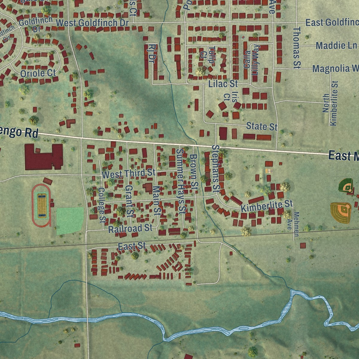 Close-up of the map of Tiffin, Iowa print showing street and building detail