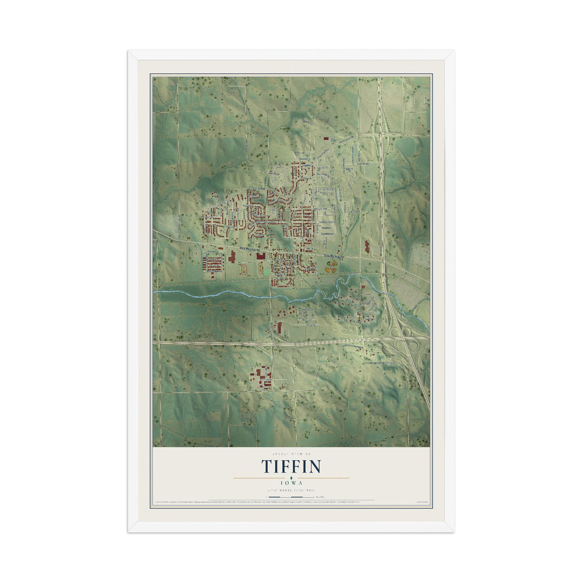 Map of Tiffin, Iowa, 12 x 18 inch print in a white wood frame