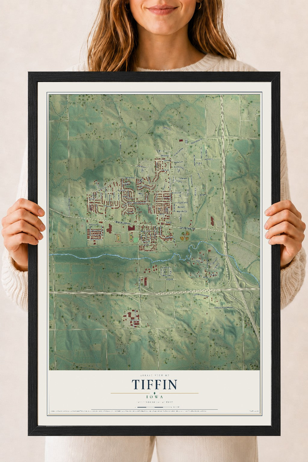 Map of Tiffin, Iowa, 18 x 24 inch print in a black wood frame