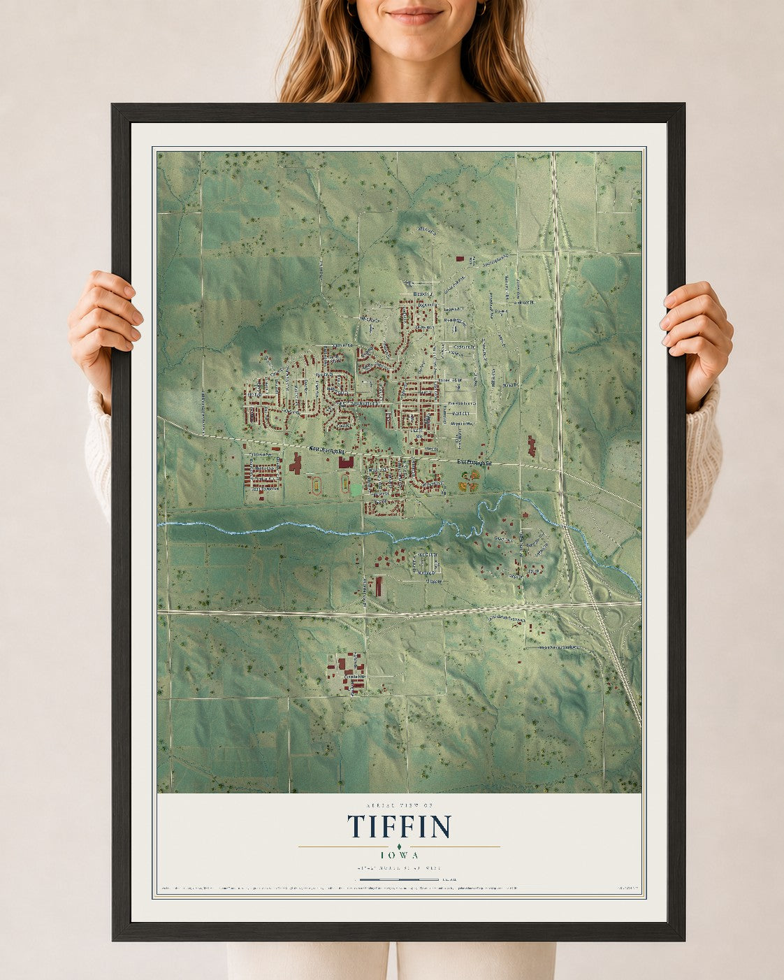 Map of Tiffin, Iowa, 24 x 36 inch print in a black wood frame