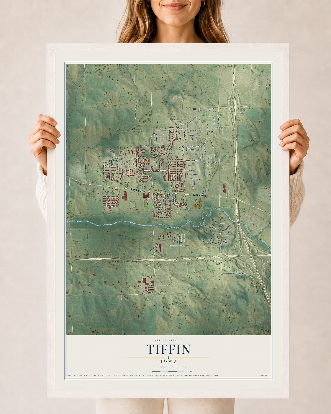 Map of Tiffin, Iowa, 24 x 36 inch print in a white wood frame