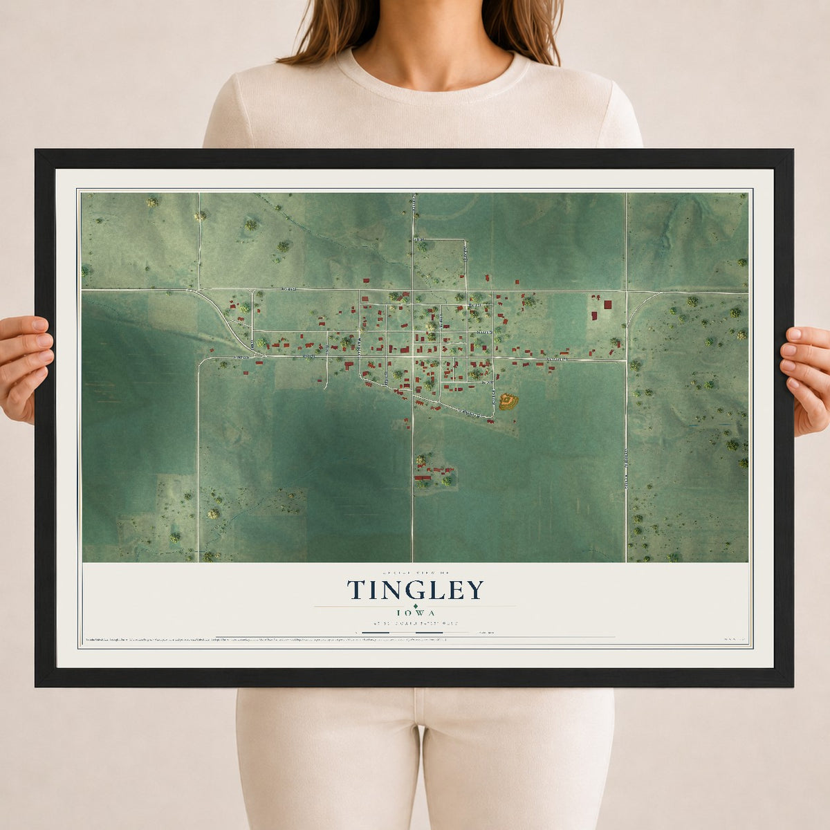 Map of Tingley, Iowa, 18 x 24 inch print in a black wood frame
