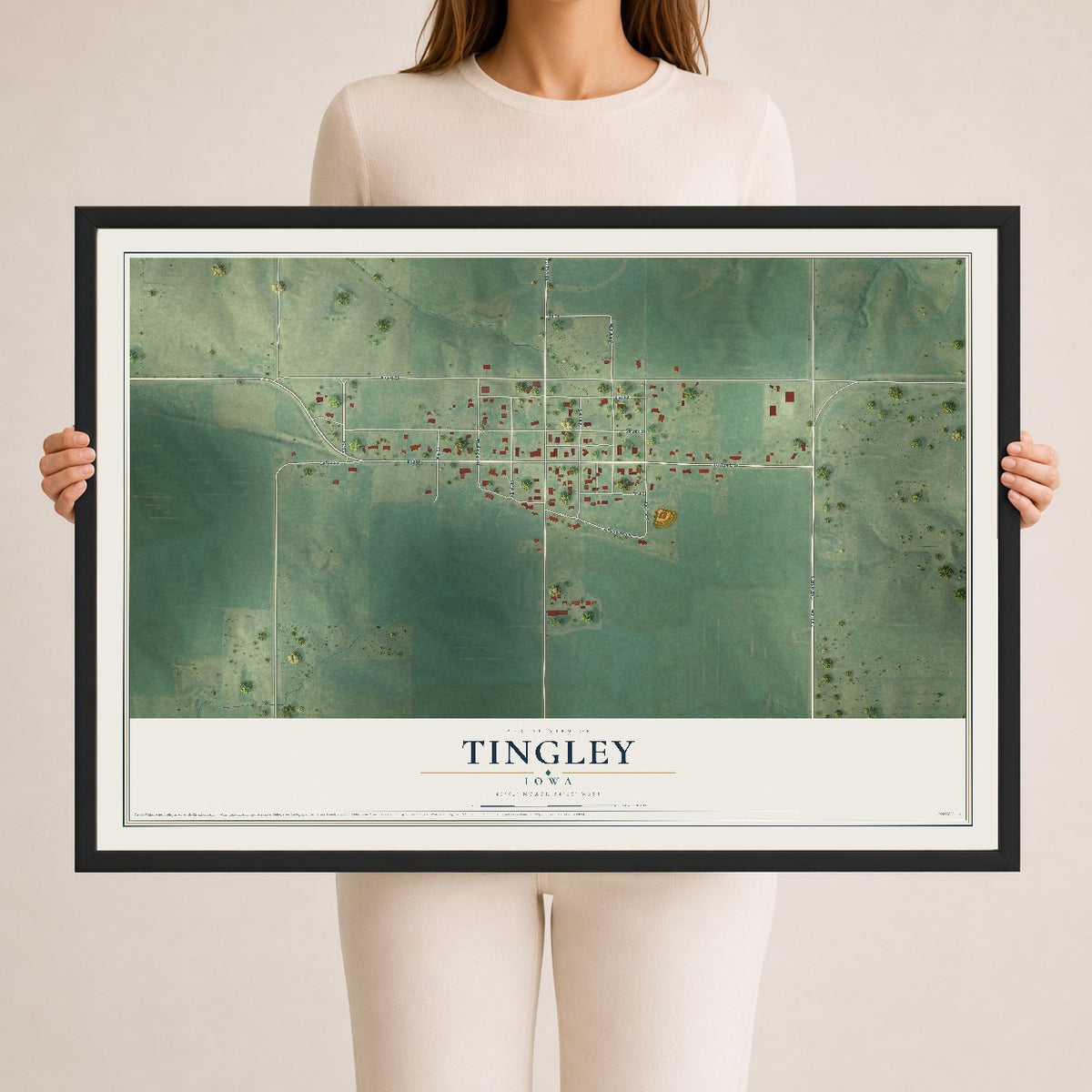 Map of Tingley, Iowa, 24 x 36 inch print in a black wood frame
