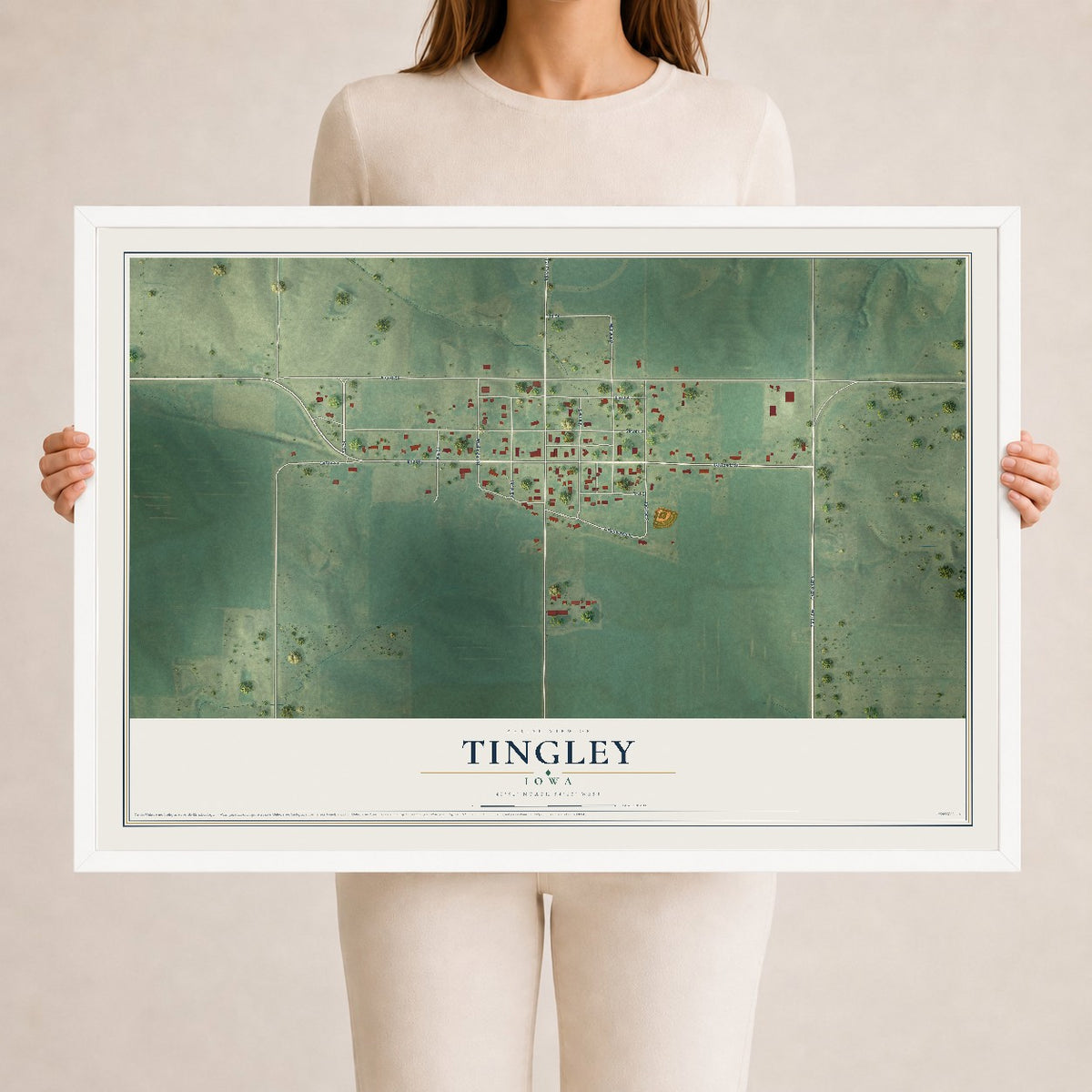 Map of Tingley, Iowa, 24 x 36 inch print in a white wood frame