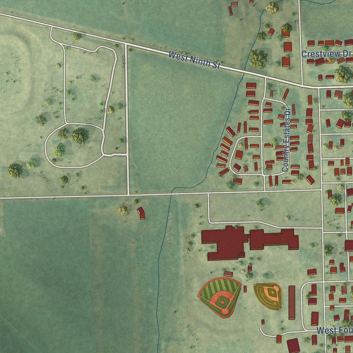 Second close-up of the map of Tipton, Iowa print showing more streets and buildings