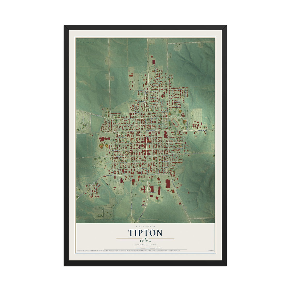 Map of Tipton, Iowa, 12 x 18 inch print in a black wood frame
