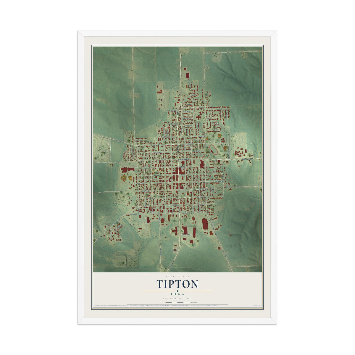 Map of Tipton, Iowa, 12 x 18 inch print in a white wood frame