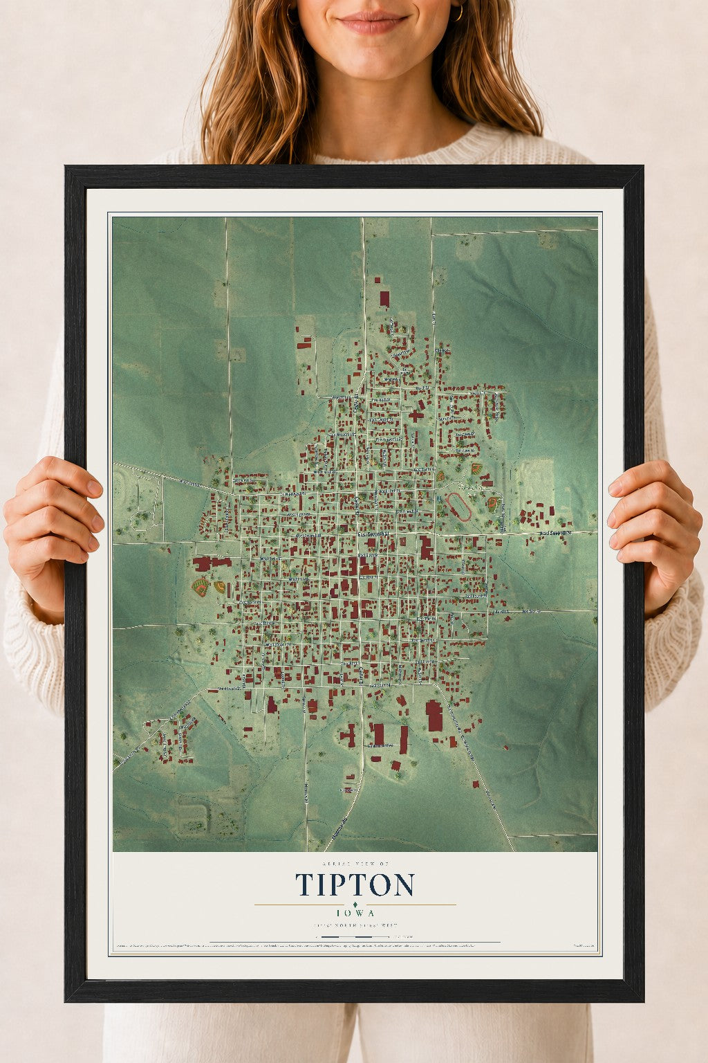 Map of Tipton, Iowa, 18 x 24 inch print in a black wood frame