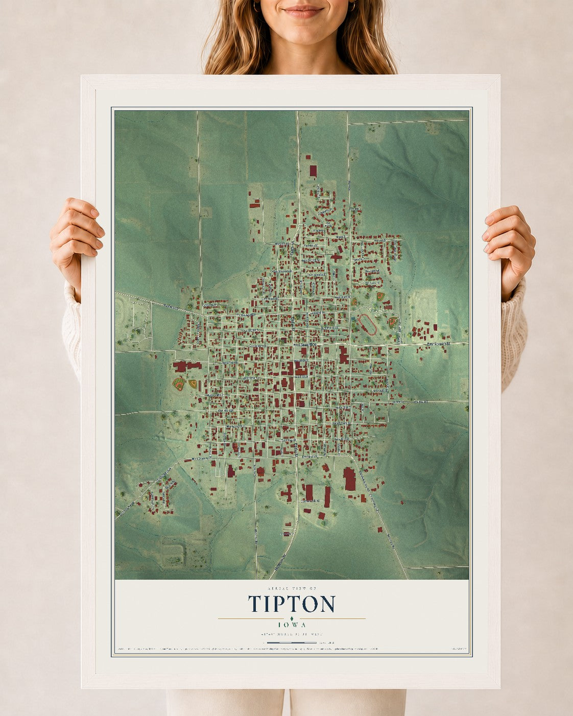 Map of Tipton, Iowa, 24 x 36 inch print in a white wood frame