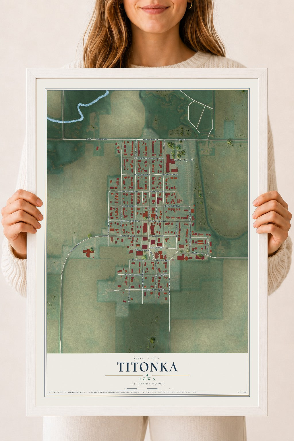 Map of Titonka, Iowa, 18 x 24 inch print in a white wood frame