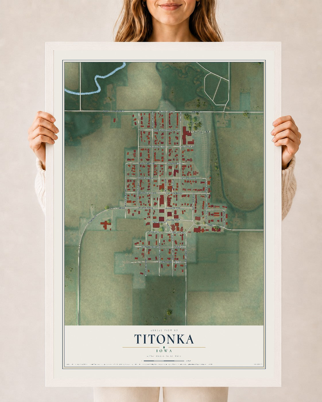 Map of Titonka, Iowa, 24 x 36 inch print in a white wood frame