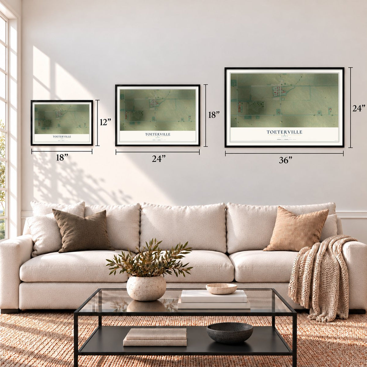 Toeterville, Iowa map in 12 x 18, 18 x 24 and 24 x 36 inch sizes above a sofa