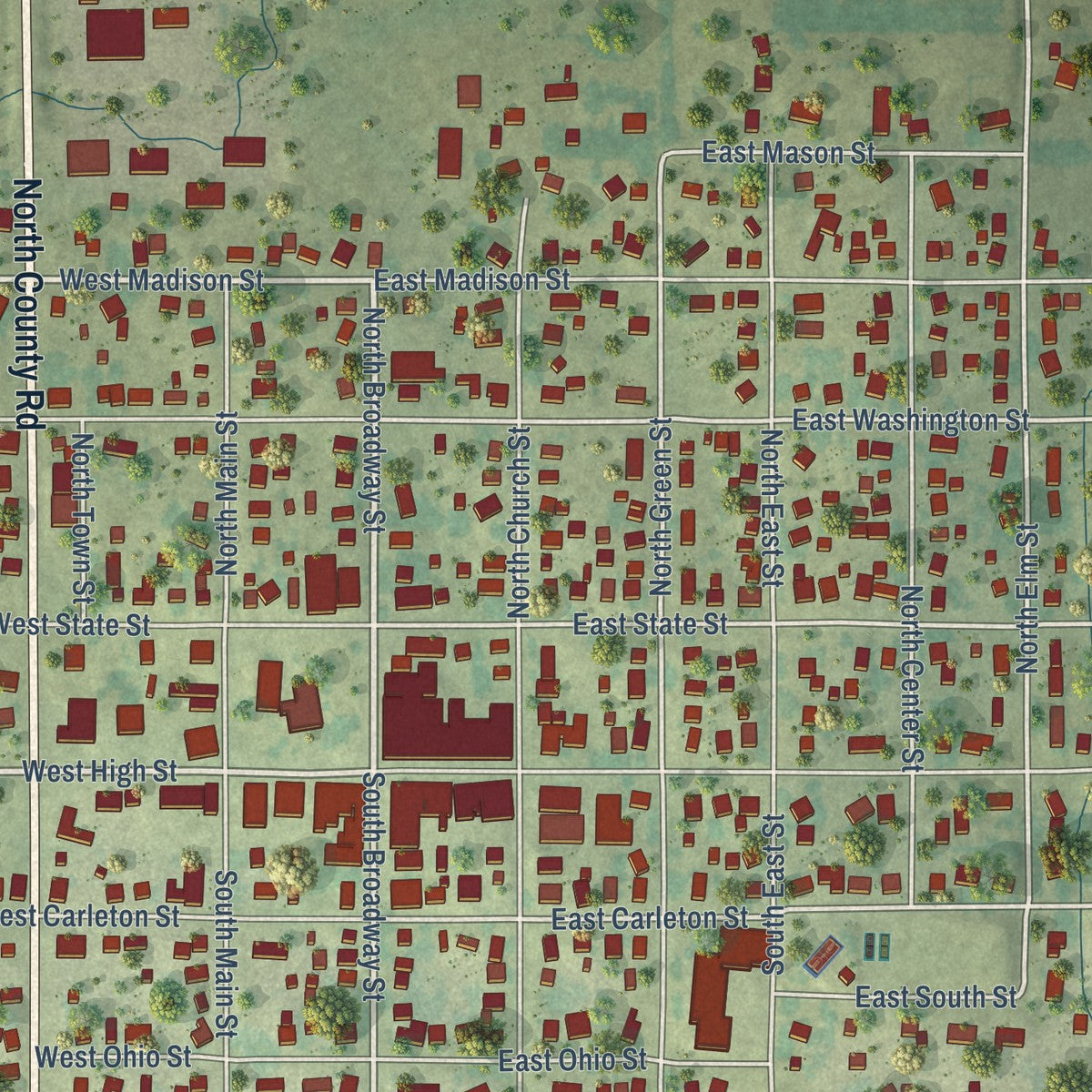 Close-up of the map of Toledo, Iowa print showing street and building detail