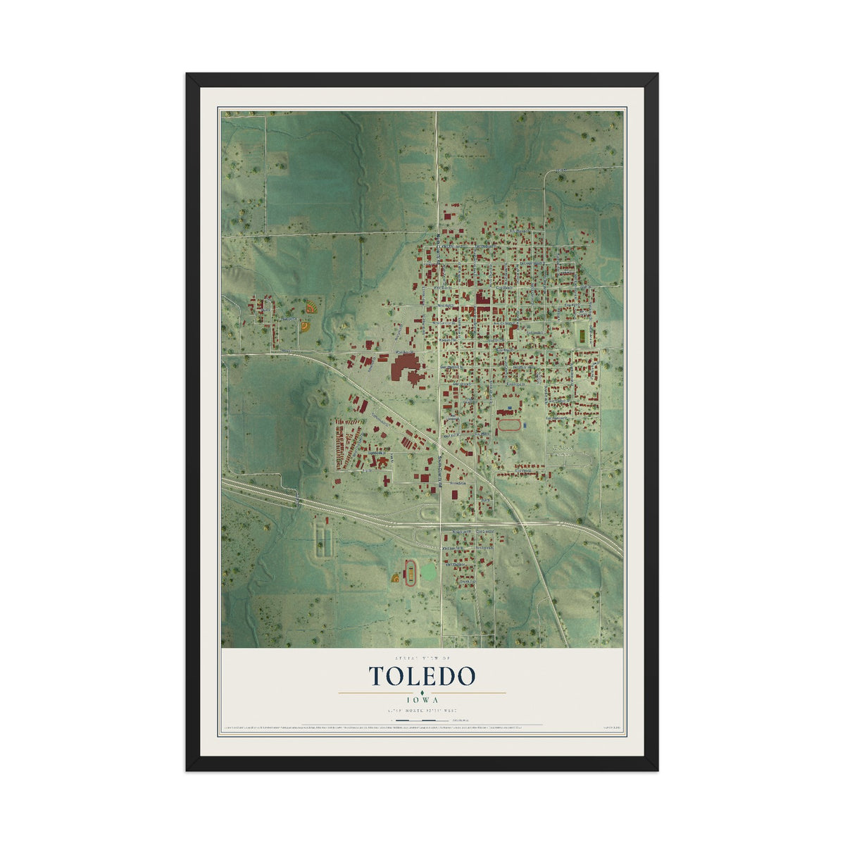 Map of Toledo, Iowa, 12 x 18 inch print in a black wood frame