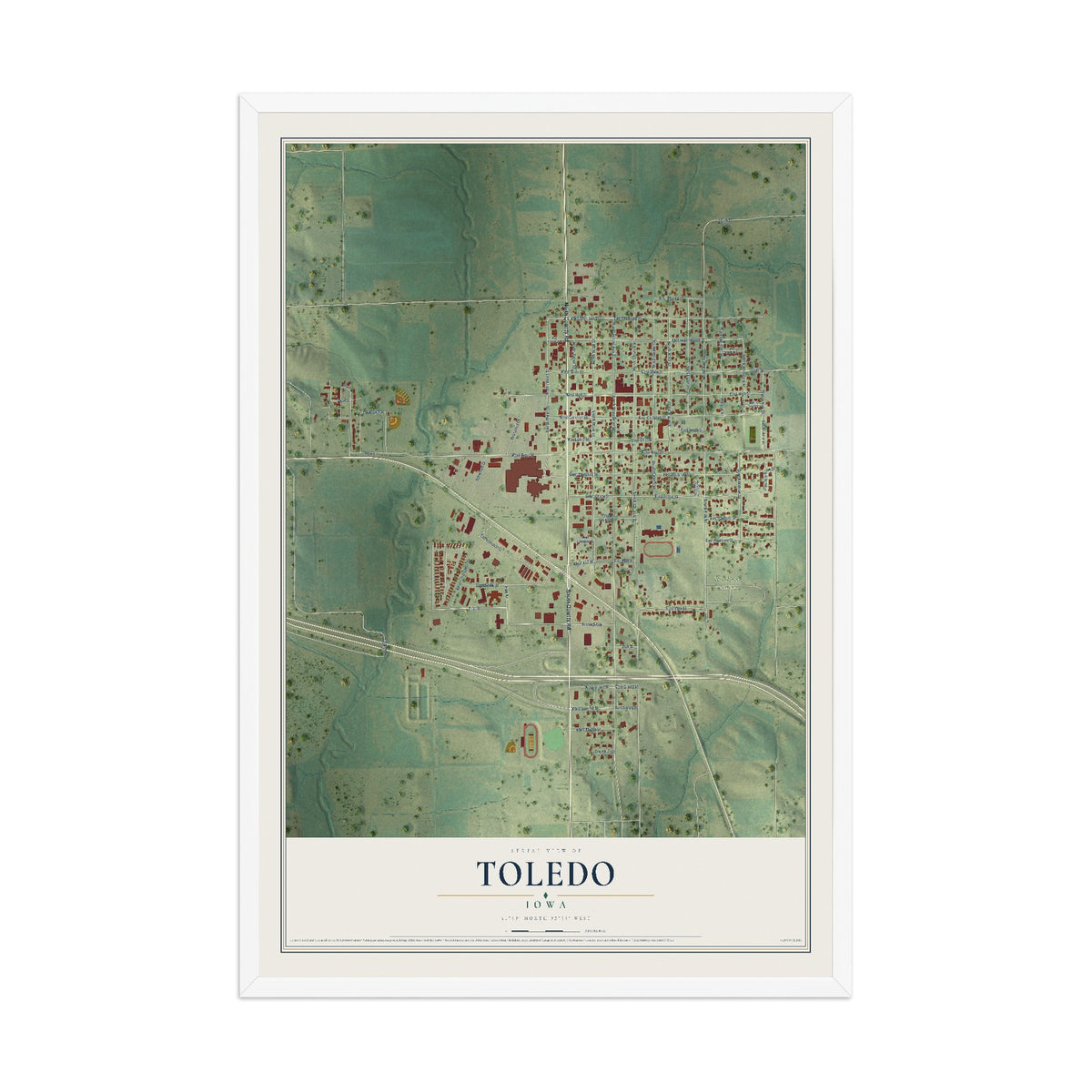 Map of Toledo, Iowa, 12 x 18 inch print in a white wood frame