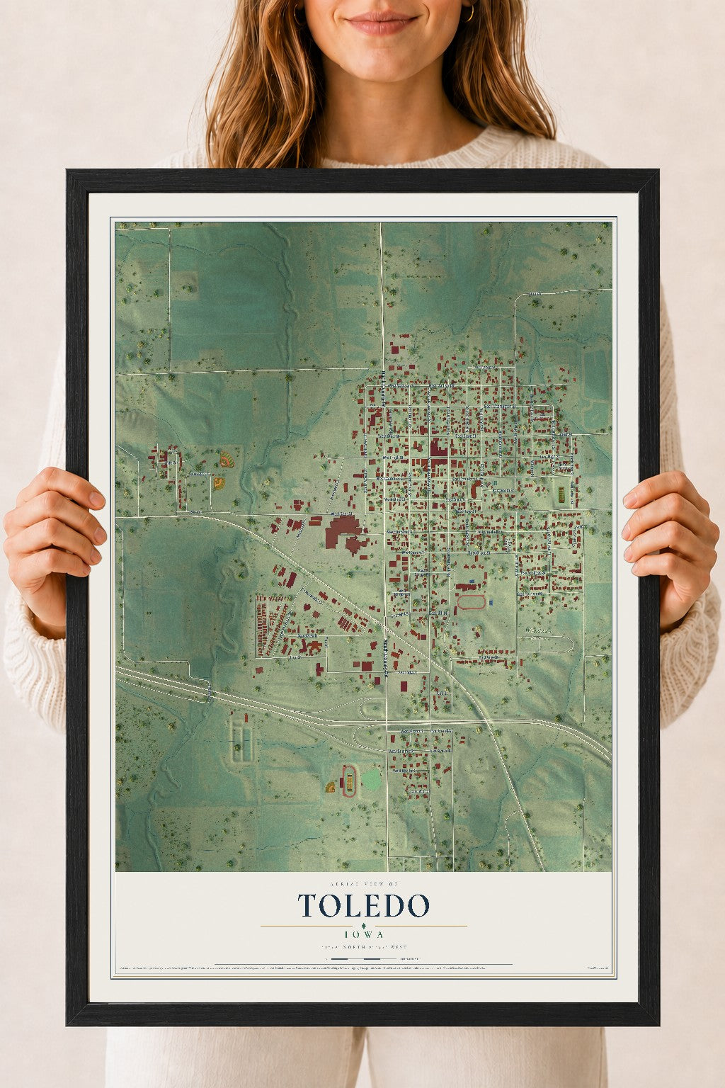 Map of Toledo, Iowa, 18 x 24 inch print in a black wood frame