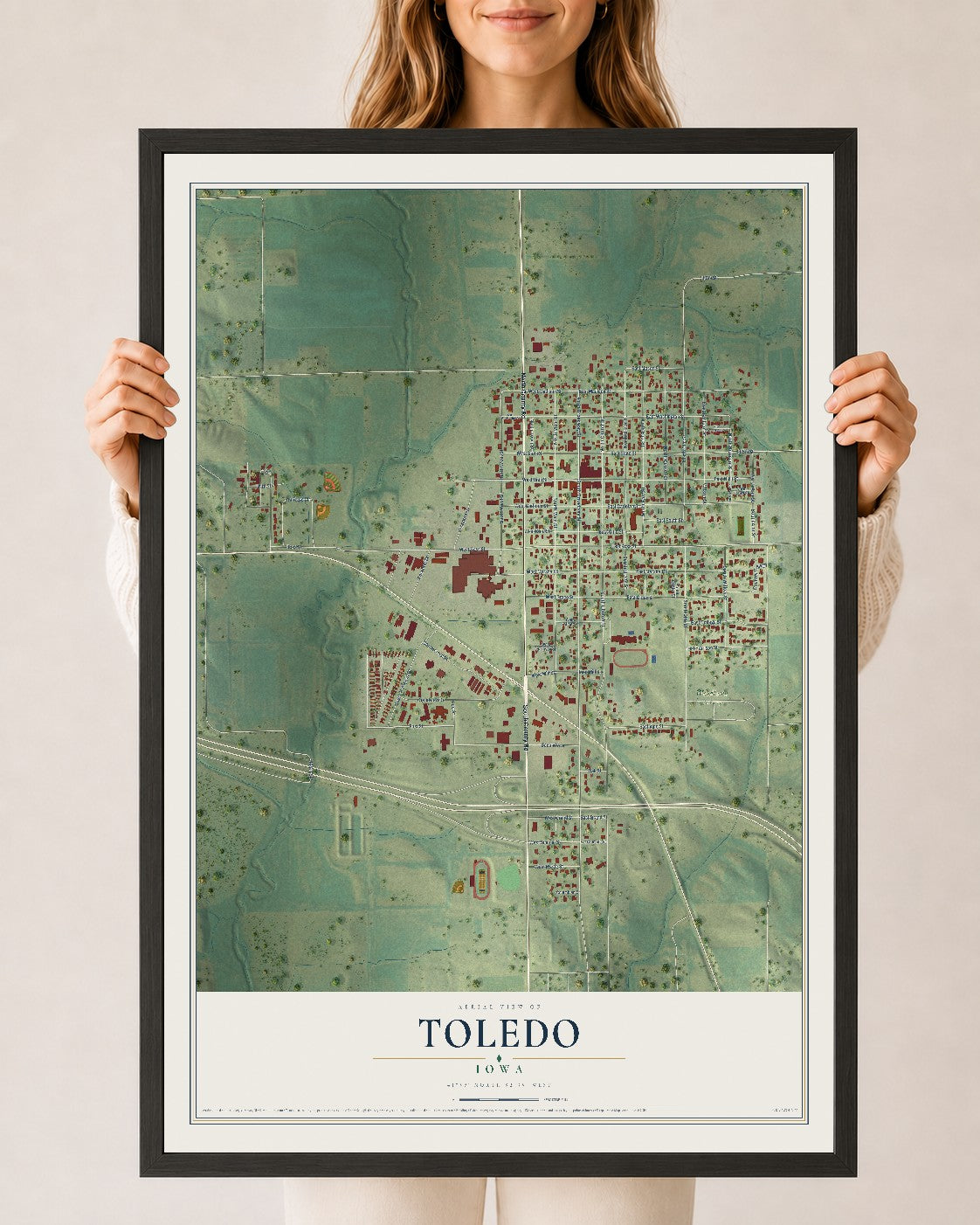 Map of Toledo, Iowa, 24 x 36 inch print in a black wood frame