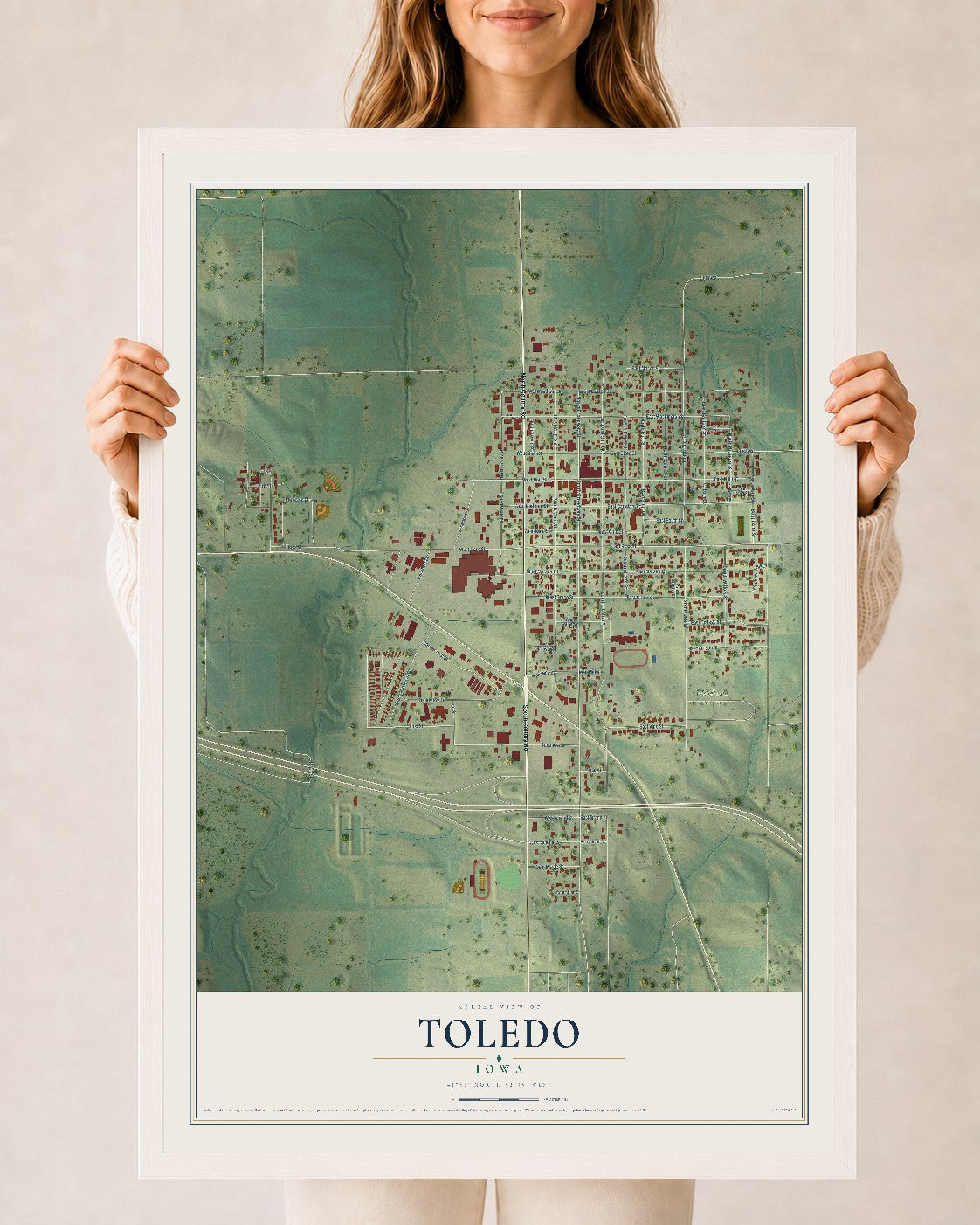 Map of Toledo, Iowa, 24 x 36 inch print in a white wood frame