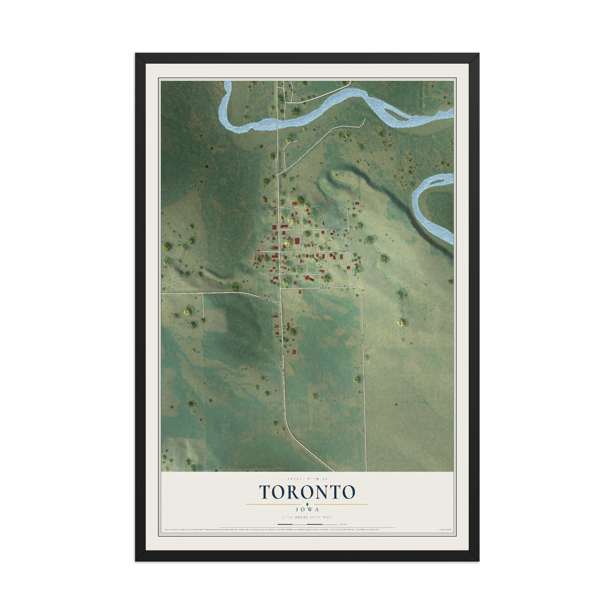 Map of Toronto, Iowa, 12 x 18 inch print in a black wood frame