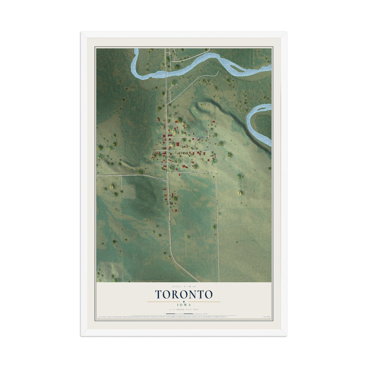 Map of Toronto, Iowa, 12 x 18 inch print in a white wood frame