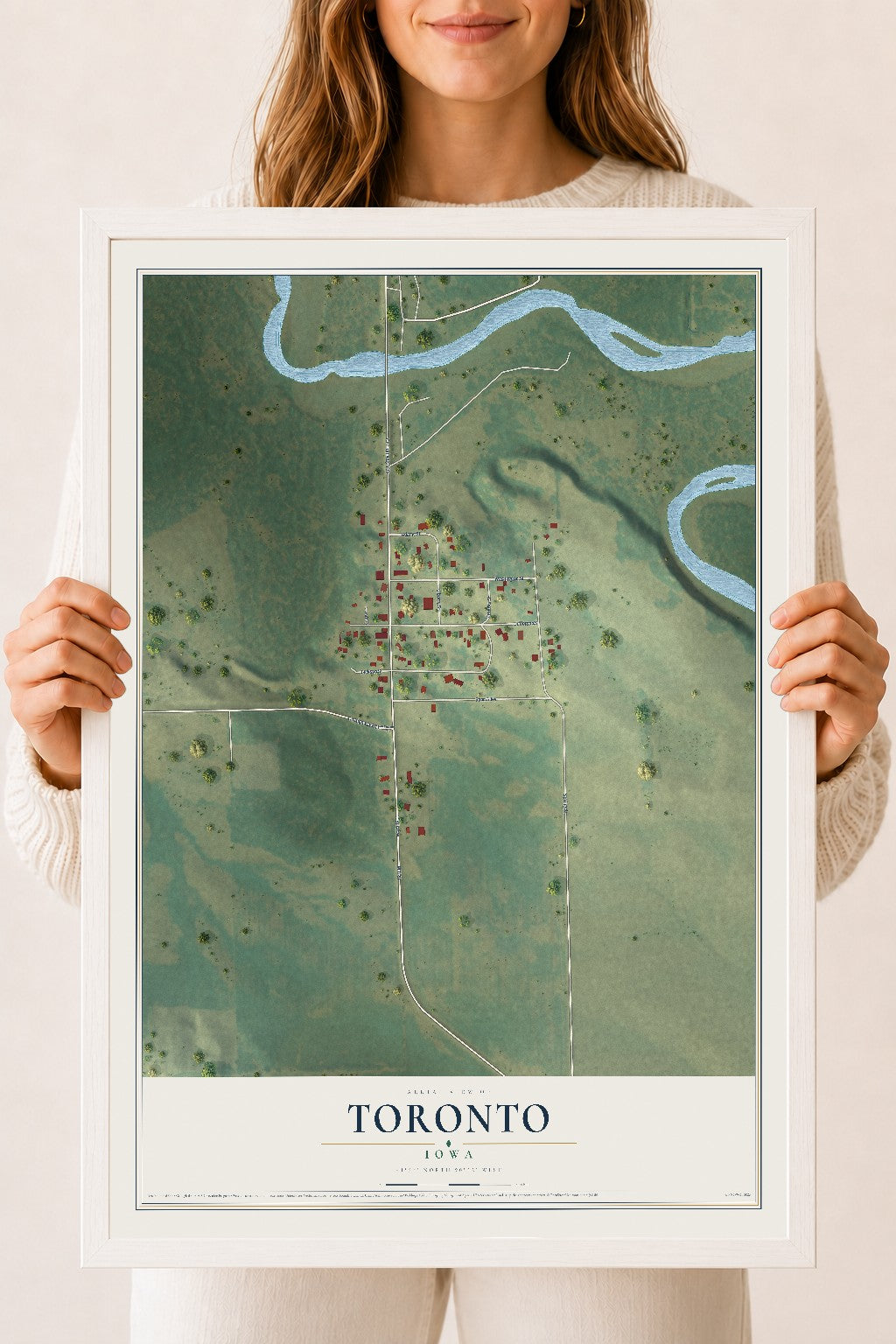 Map of Toronto, Iowa, 18 x 24 inch print in a white wood frame