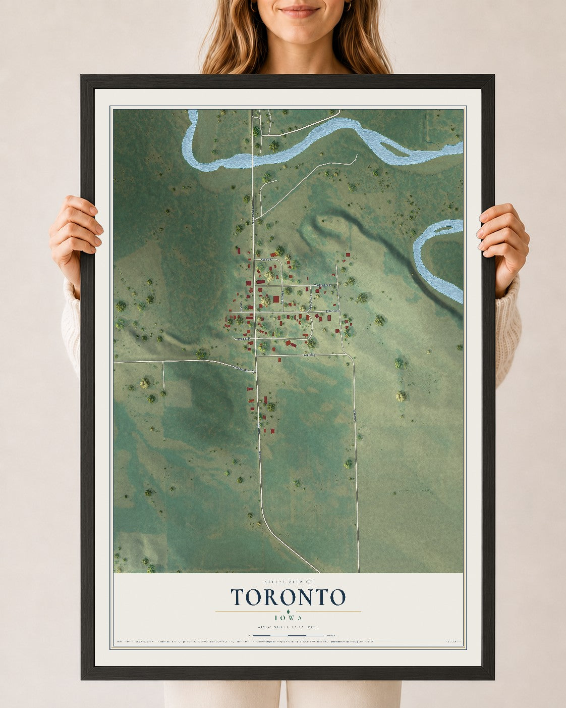 Map of Toronto, Iowa, 24 x 36 inch print in a black wood frame