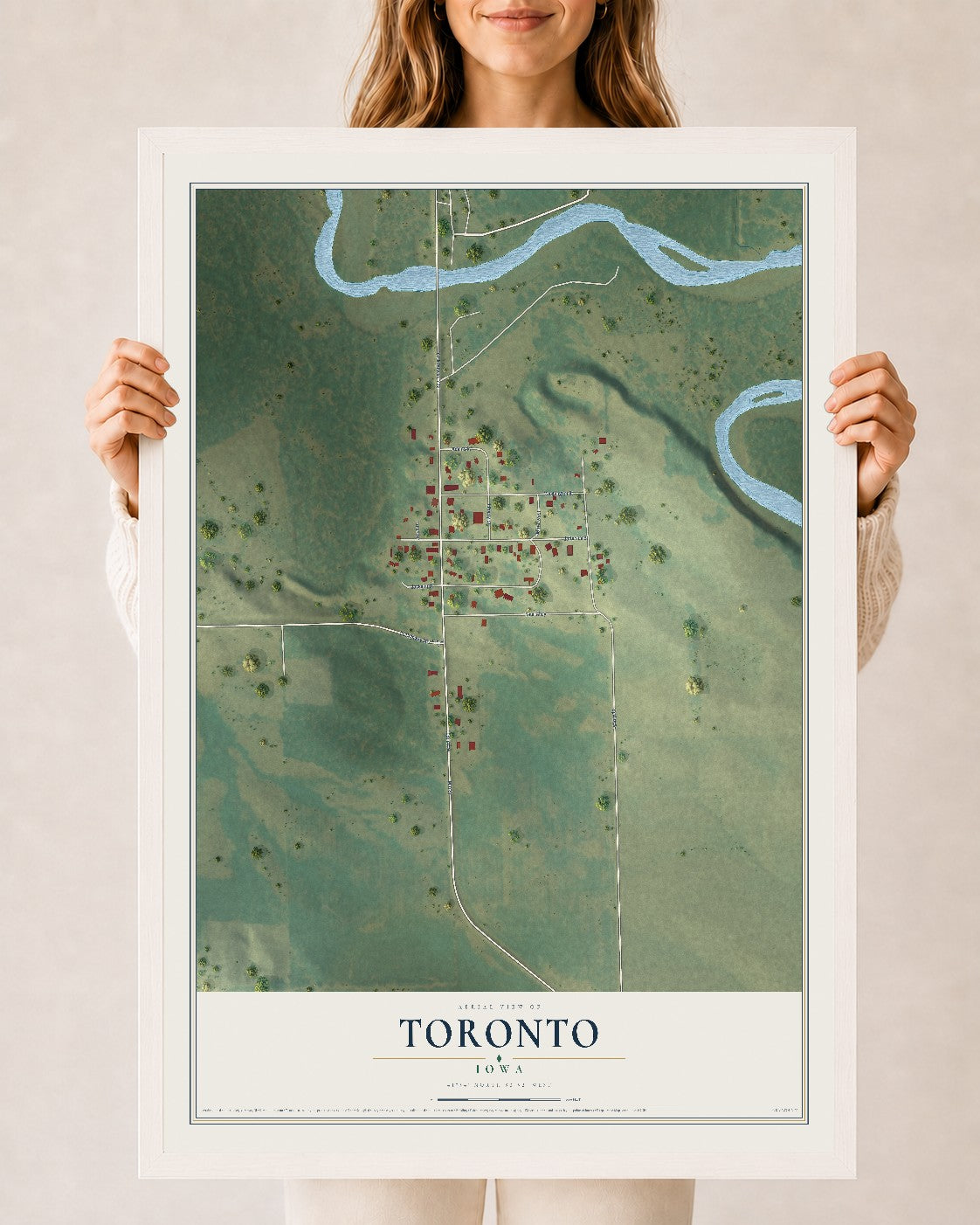Map of Toronto, Iowa, 24 x 36 inch print in a white wood frame