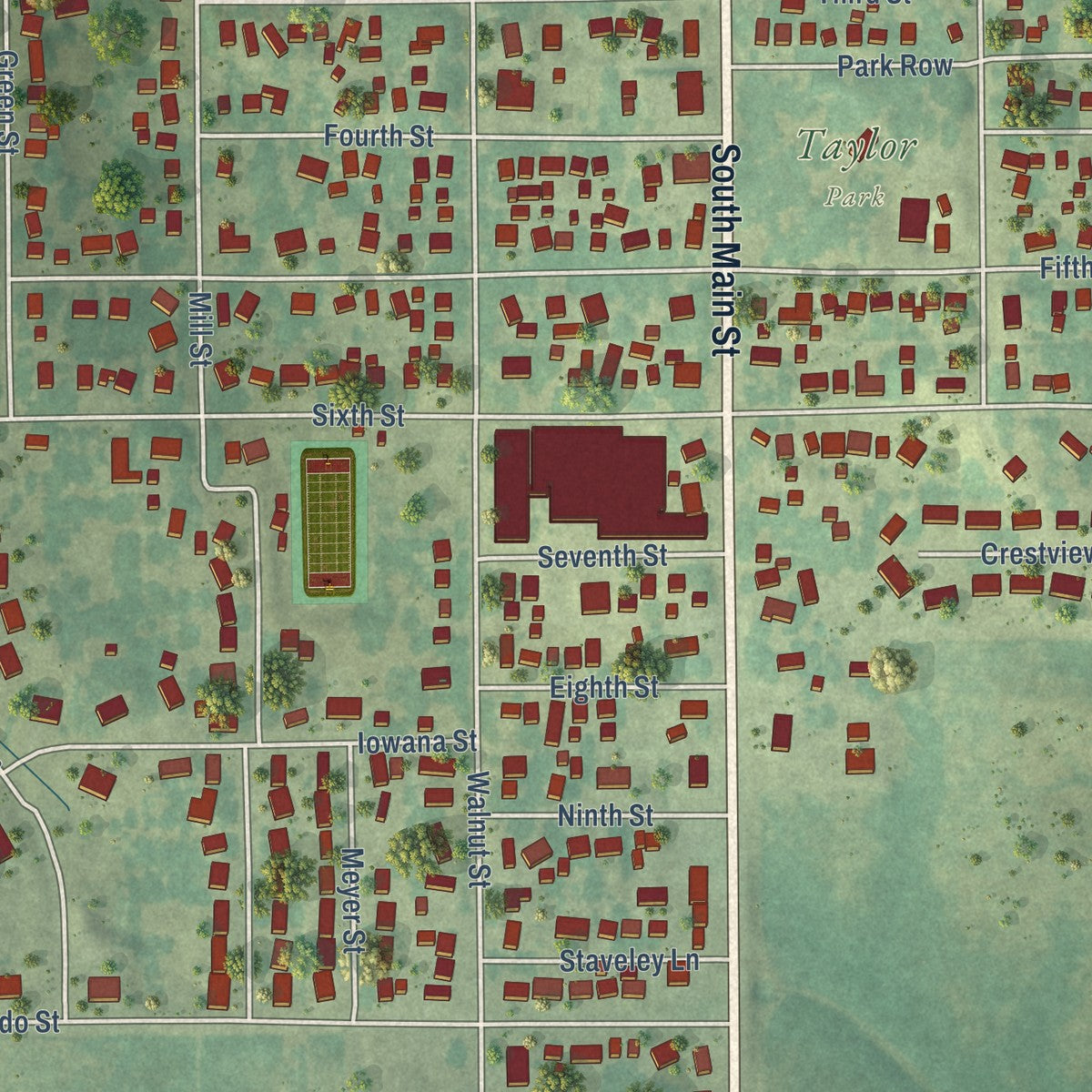 Close-up of the map of Traer, Iowa print showing street and building detail