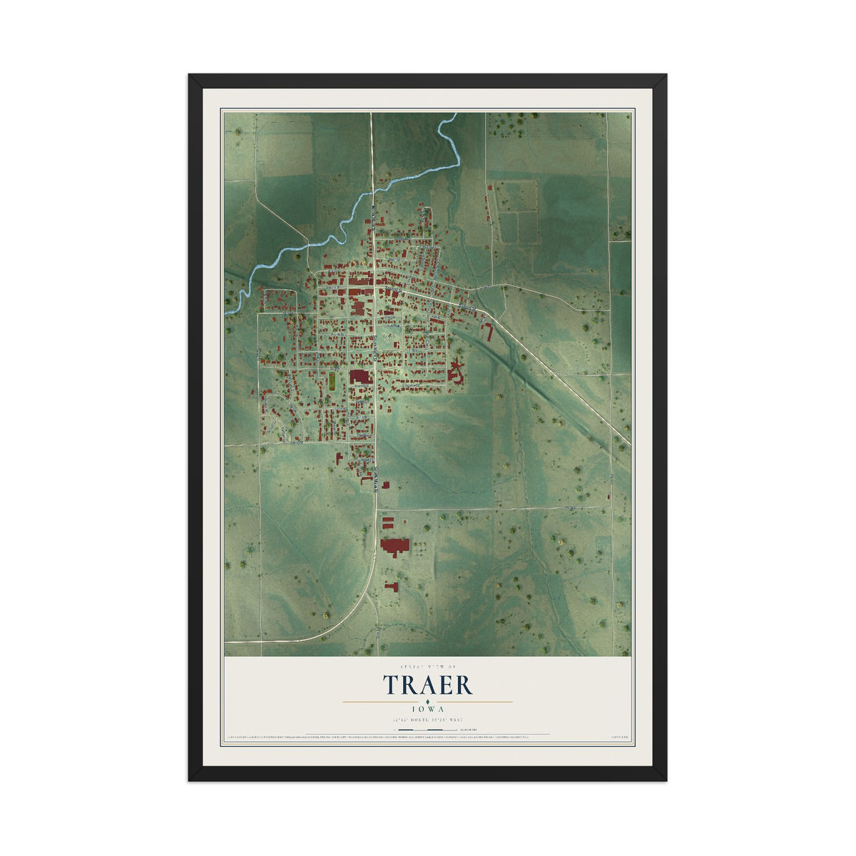 Map of Traer, Iowa, 12 x 18 inch print in a black wood frame