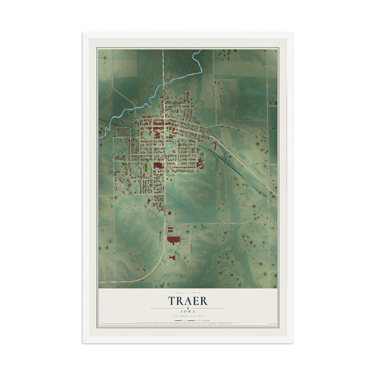 Map of Traer, Iowa, 12 x 18 inch print in a white wood frame