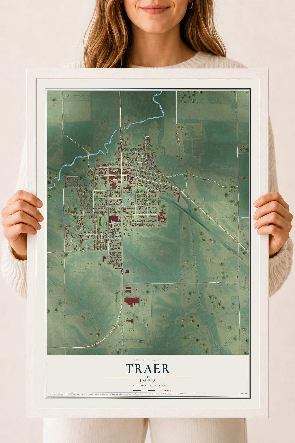 Map of Traer, Iowa, 18 x 24 inch print in a white wood frame