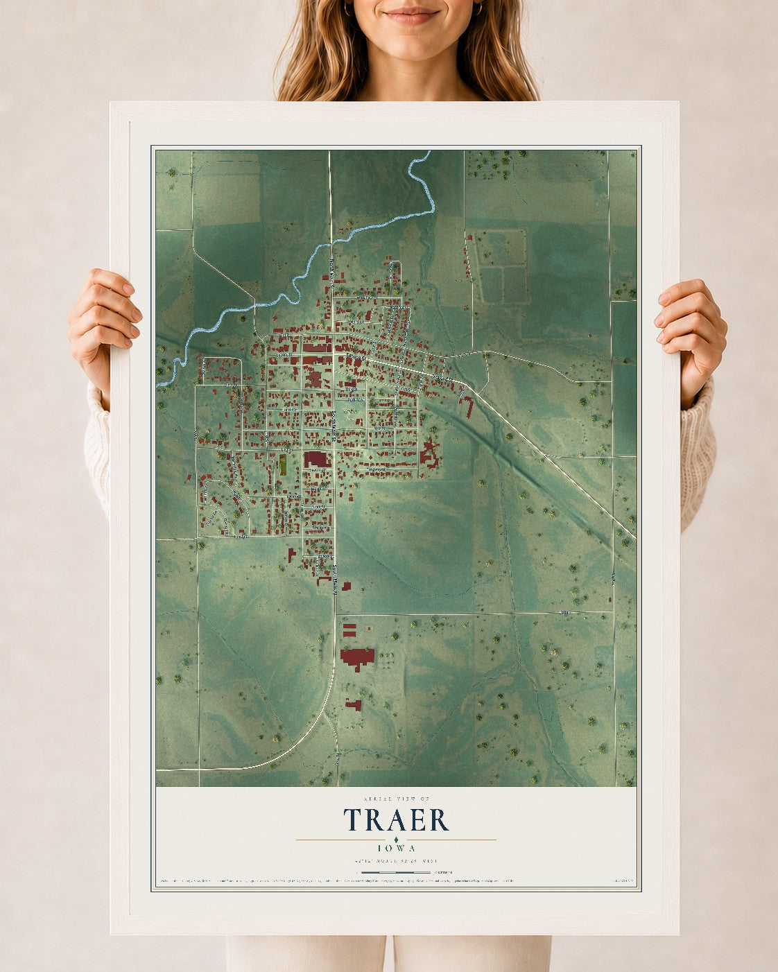 Map of Traer, Iowa, 24 x 36 inch print in a white wood frame