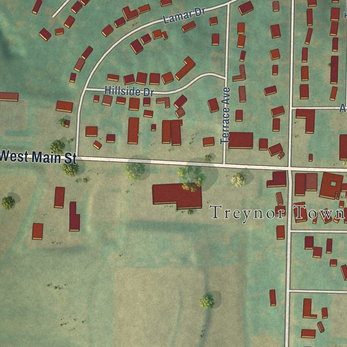 Close-up of the map of Treynor, Iowa print showing street and building detail