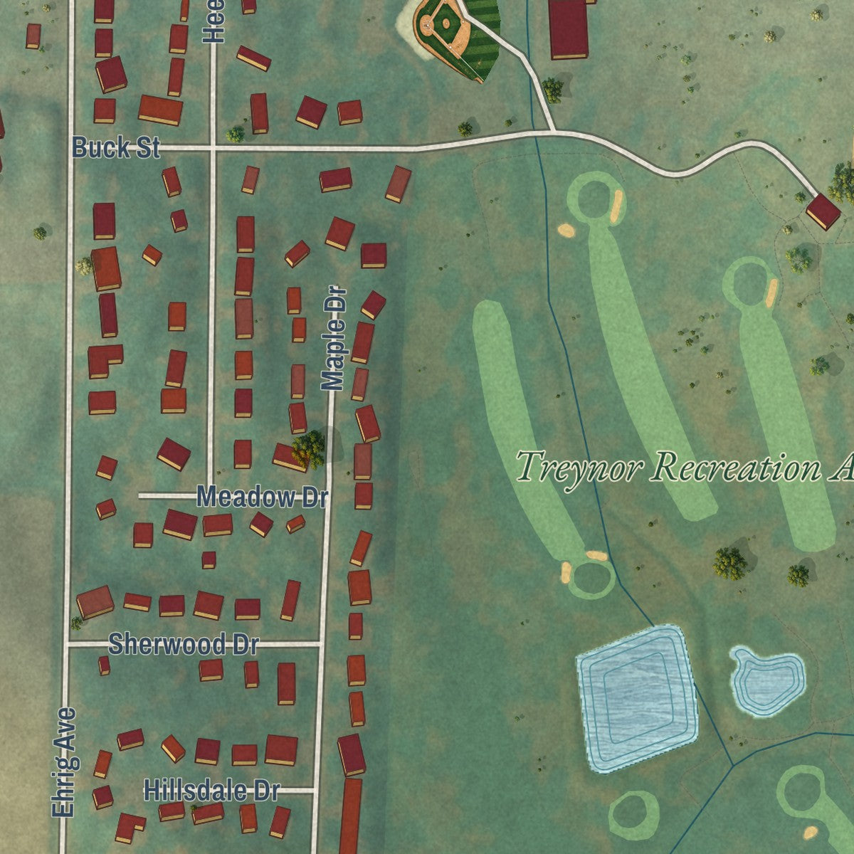 Second close-up of the map of Treynor, Iowa print showing more streets and buildings
