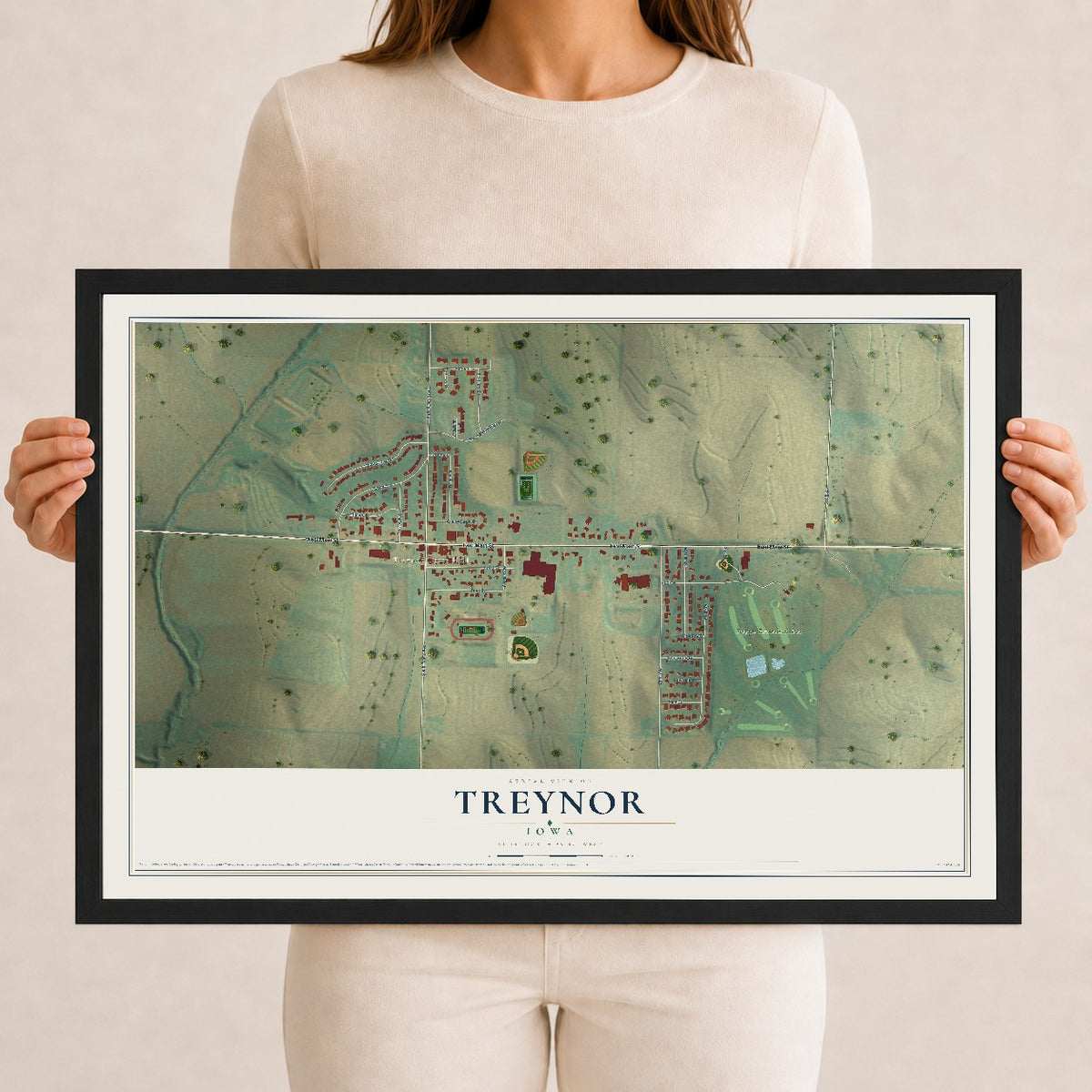 Map of Treynor, Iowa, 12 x 18 inch print in a black wood frame