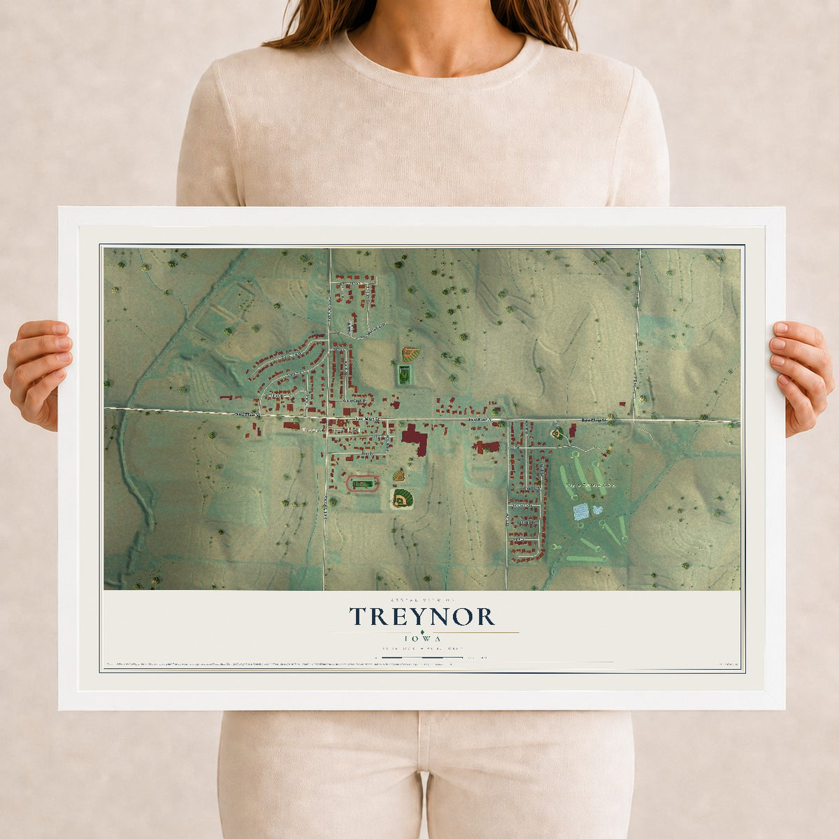 Map of Treynor, Iowa, 12 x 18 inch print in a white wood frame