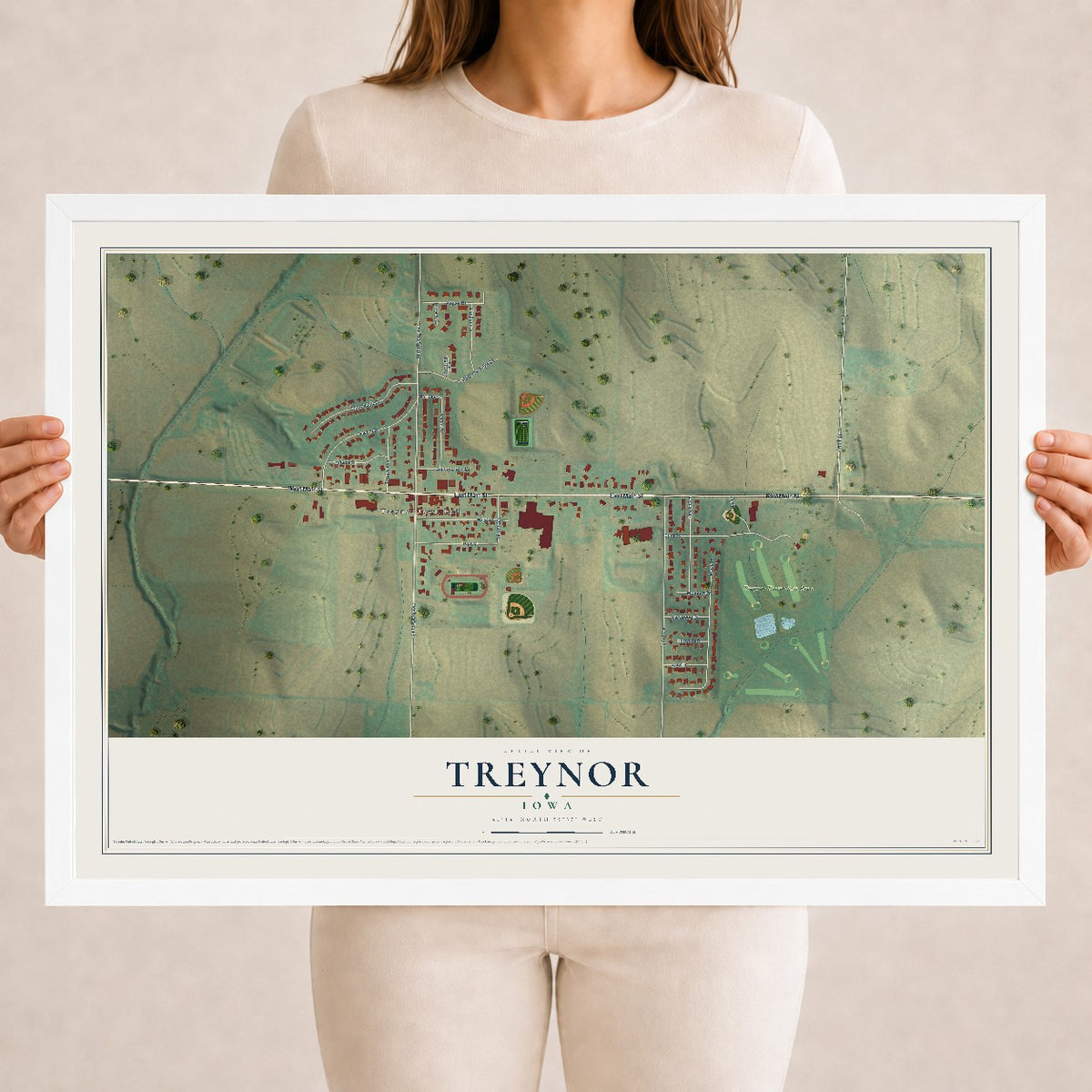Map of Treynor, Iowa, 18 x 24 inch print in a white wood frame