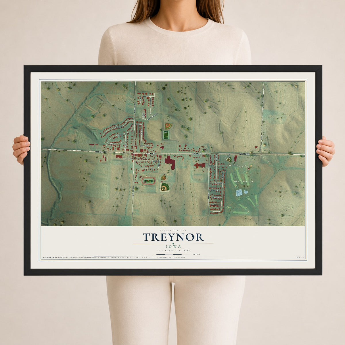 Map of Treynor, Iowa, 24 x 36 inch print in a black wood frame