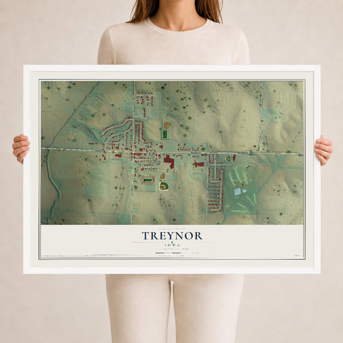 Map of Treynor, Iowa, 24 x 36 inch print in a white wood frame