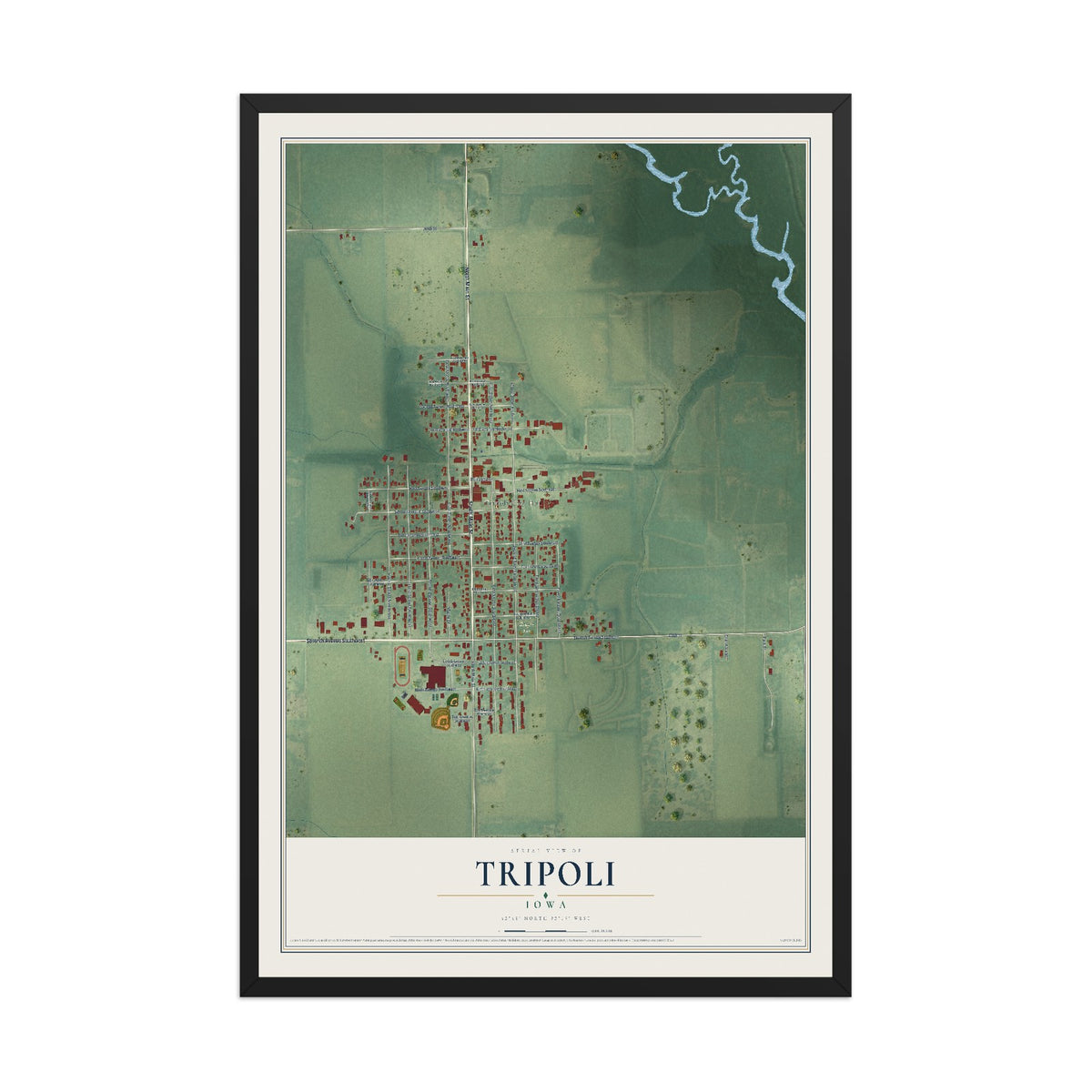 Map of Tripoli, Iowa, 12 x 18 inch print in a black wood frame