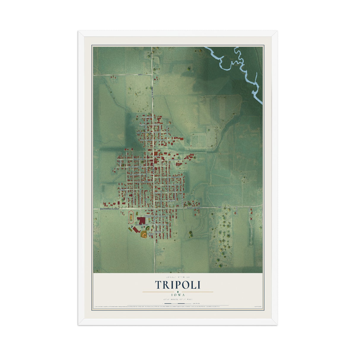 Map of Tripoli, Iowa, 12 x 18 inch print in a white wood frame