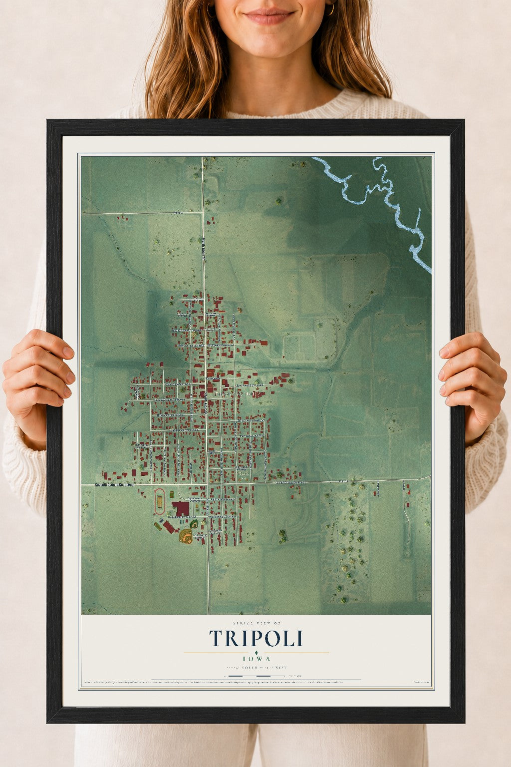 Map of Tripoli, Iowa, 18 x 24 inch print in a black wood frame