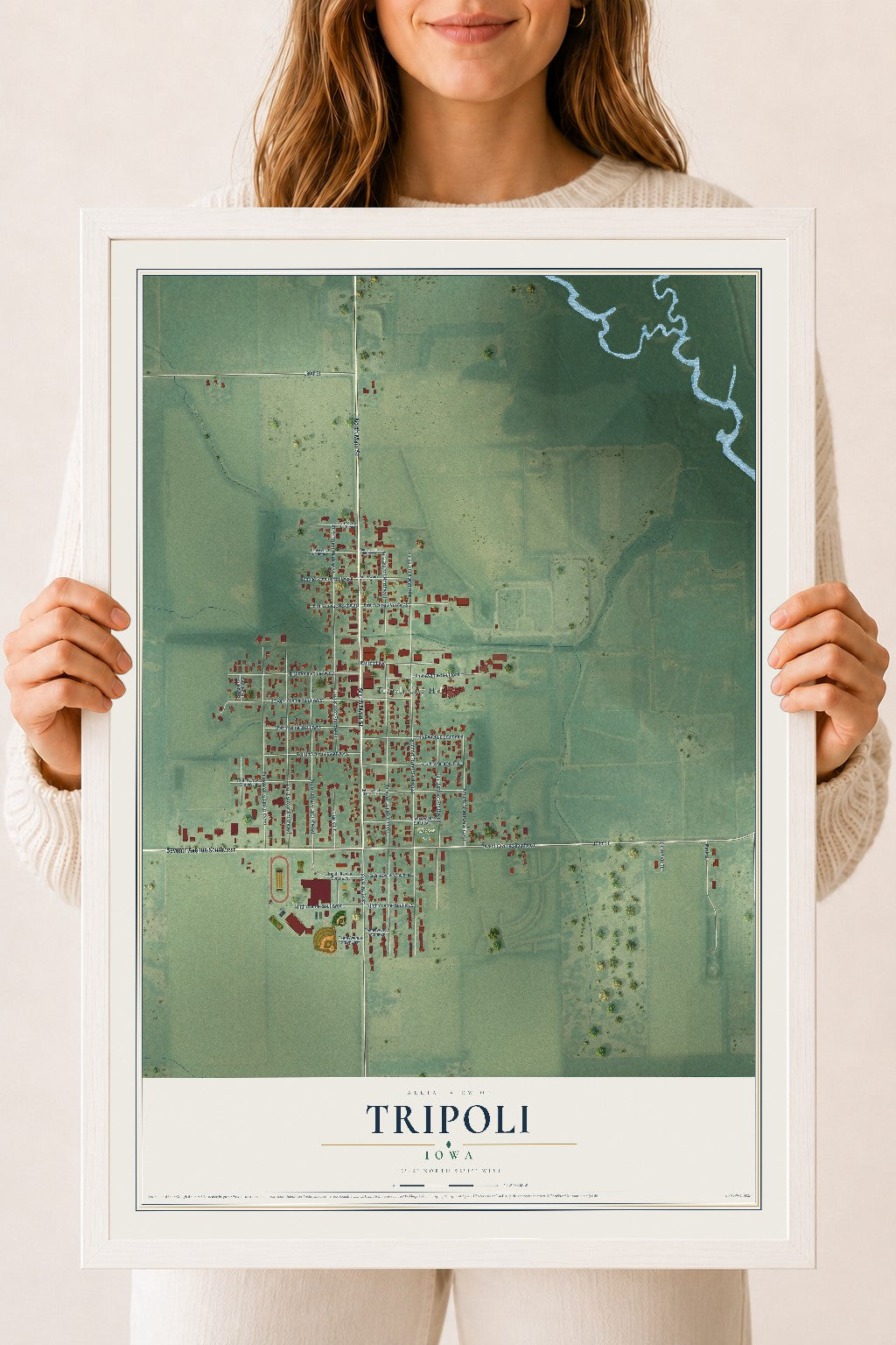Map of Tripoli, Iowa, 18 x 24 inch print in a white wood frame