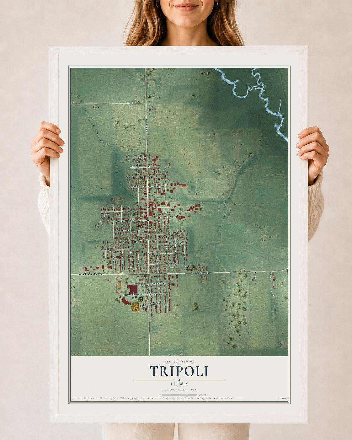 Map of Tripoli, Iowa, 24 x 36 inch print in a white wood frame