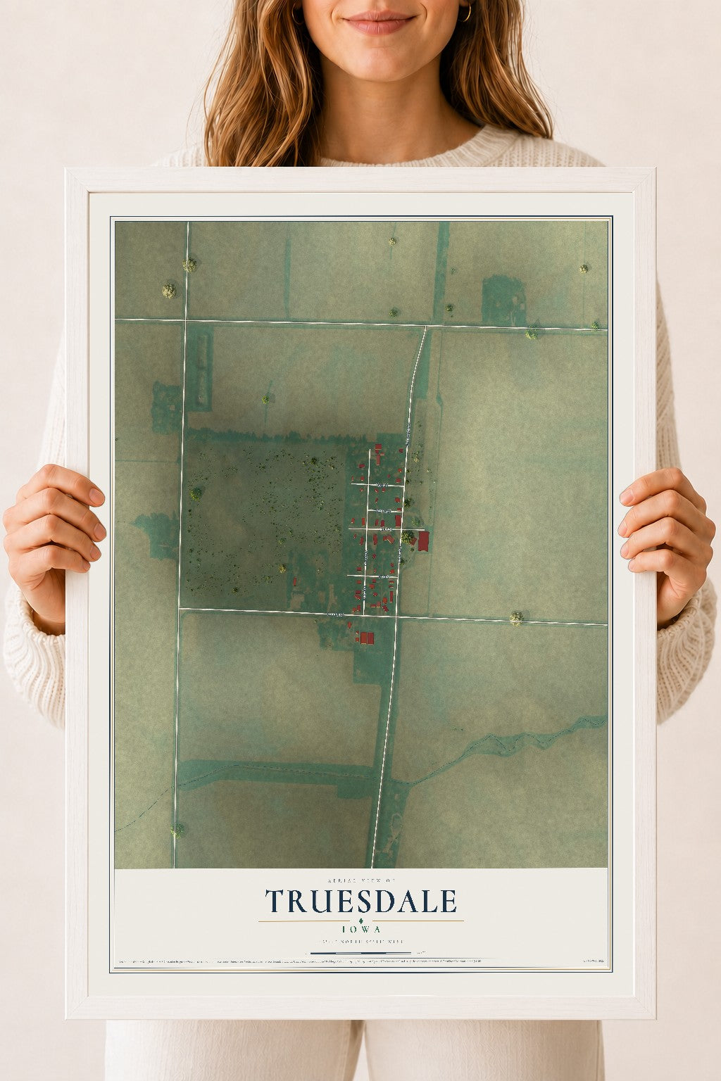 Map of Truesdale, Iowa, 18 x 24 inch print in a white wood frame
