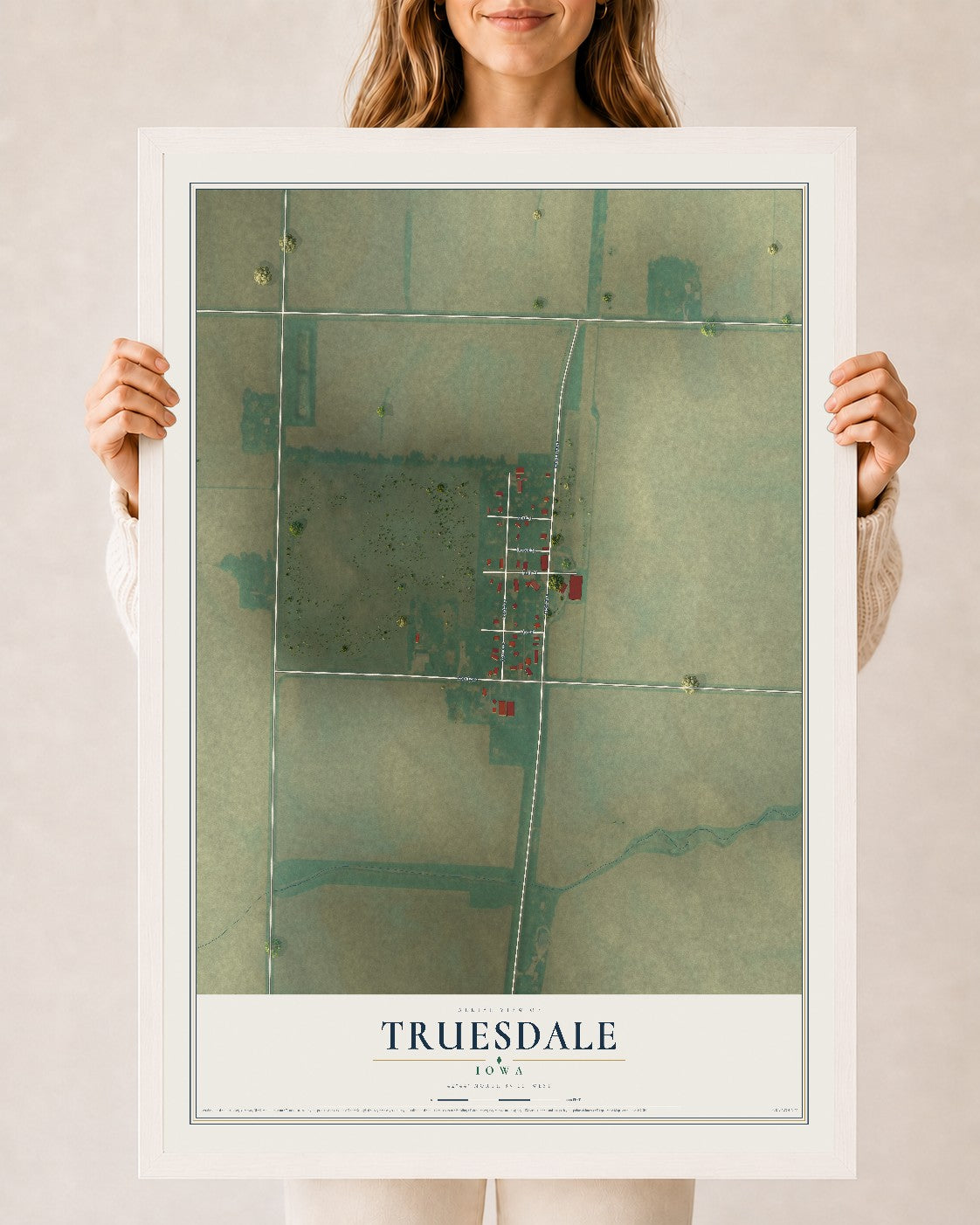 Map of Truesdale, Iowa, 24 x 36 inch print in a white wood frame